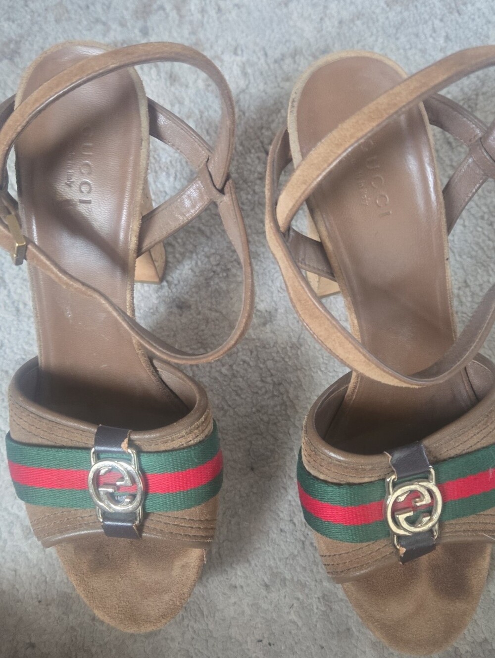 Gucci Brown Suede Heeled Sandals with Green and Red Web